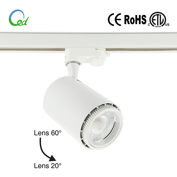 LED track light, 8W, 12W, 18W, 24W, COB LED, Ra80 or Ra90, 80lm/W, 20°~60° beam angle adjustable by turning the lens